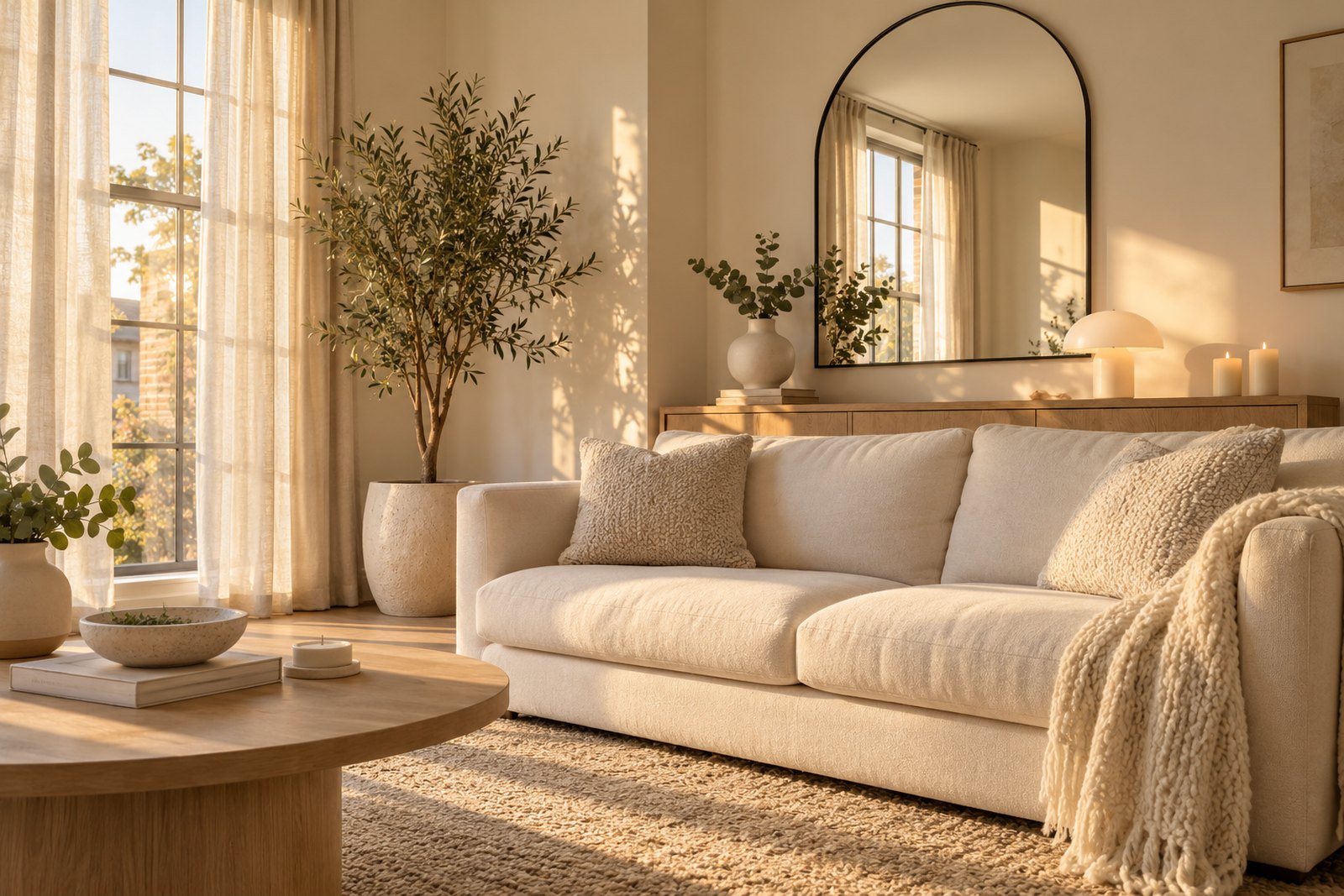 A cream sofa with boucle cushions and a chunky knit throw beneath an arched black mirror in a warm, sunlit neutral living room with a faux olive tree