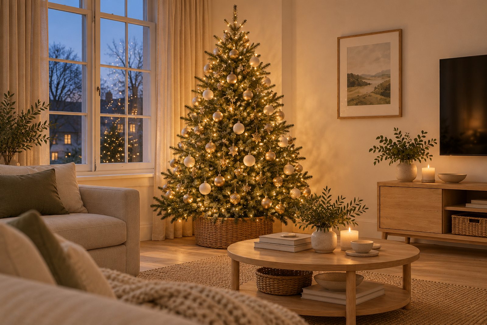 A full green artificial Christmas tree with warm white lights in a living room corner at dusk