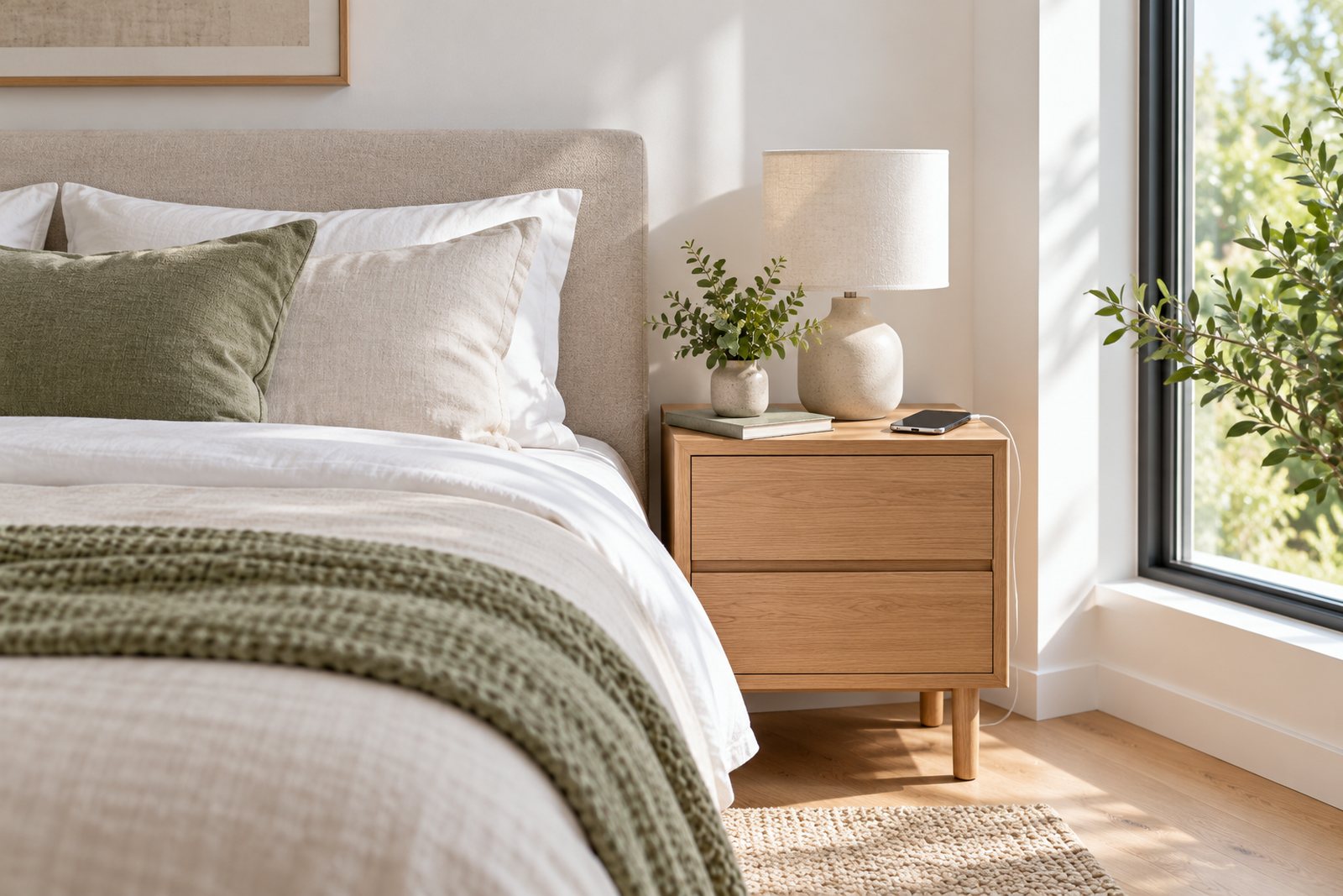 A slim oak bedside table with a lamp and a phone charging beside a made bed