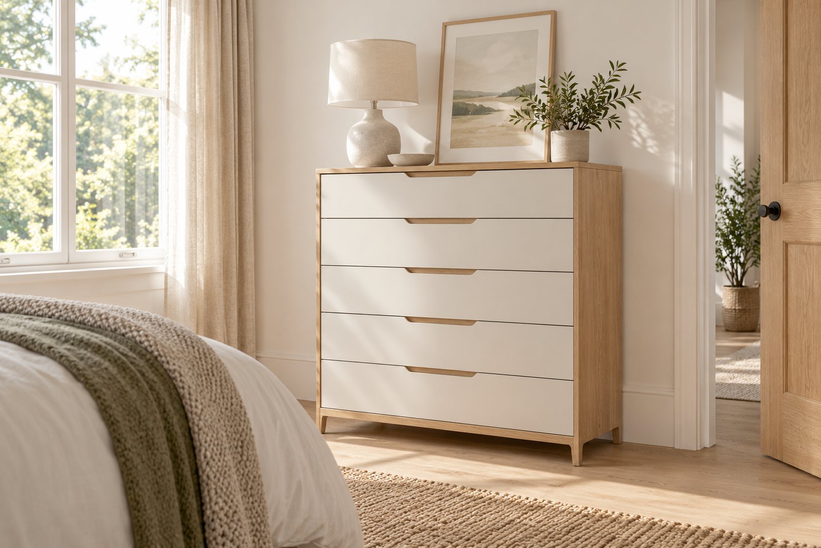 A white and oak chest of drawers with a lamp and a plant in a bright bedroom