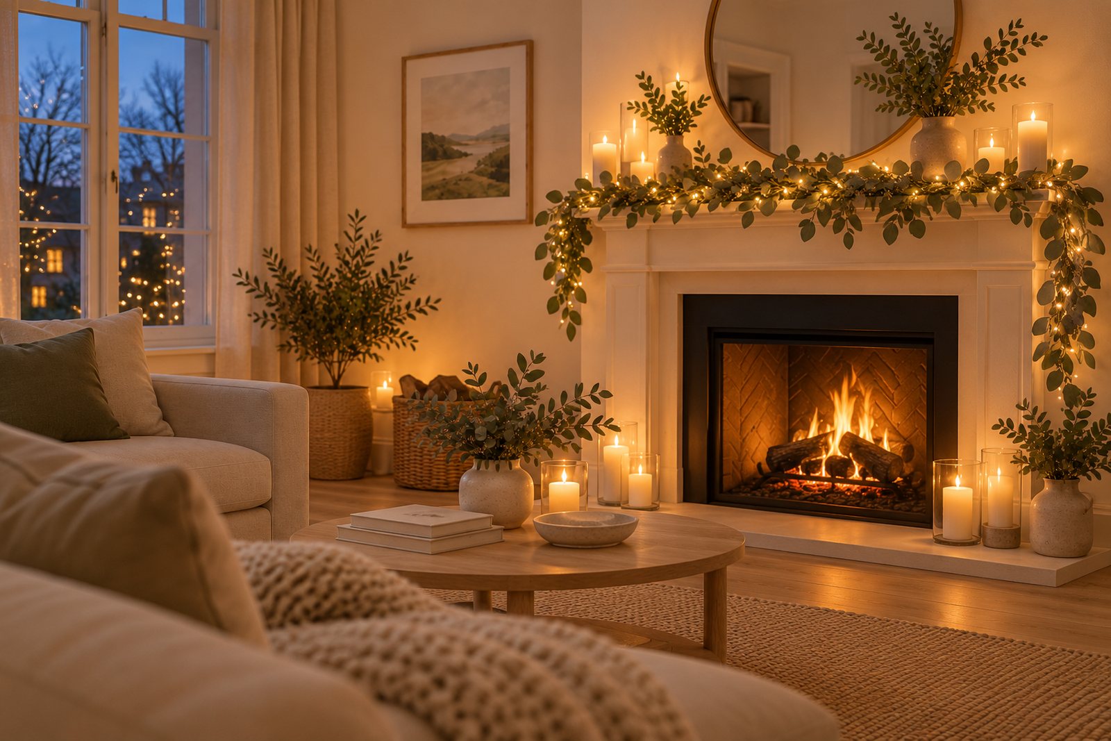 Warm white fairy lights around a fireplace mantel with eucalyptus garland and candles