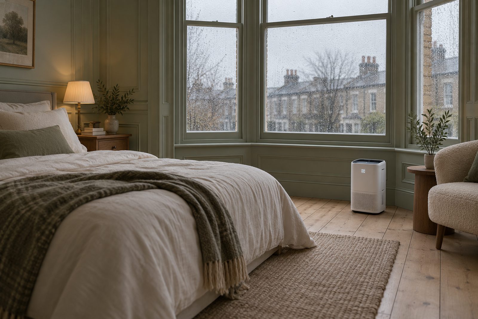 A compact white dehumidifier by the bay window of a Victorian terrace bedroom on a rainy day