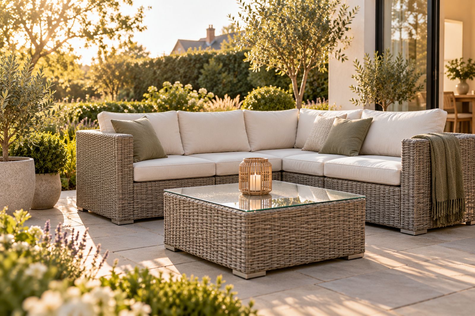 A rattan corner sofa set on a garden patio at golden hour