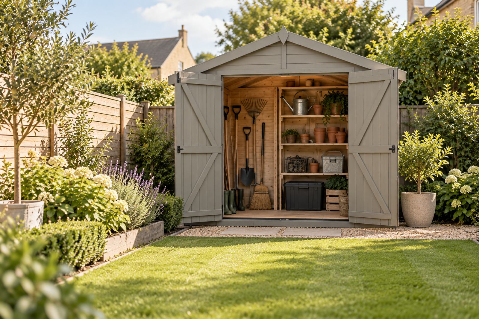 A grey apex garden shed with open doors at the end of a lawn