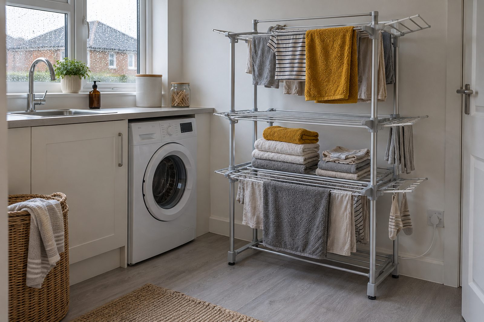 A three tier heated clothes airer with laundry and towels in a compact utility room
