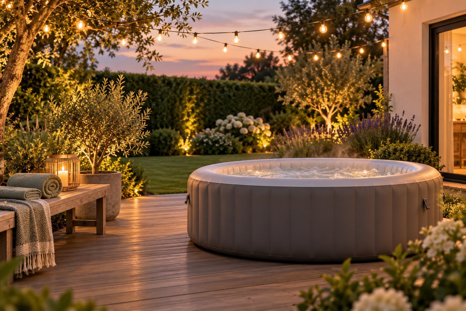 A round inflatable hot tub on decking at dusk with fairy lights