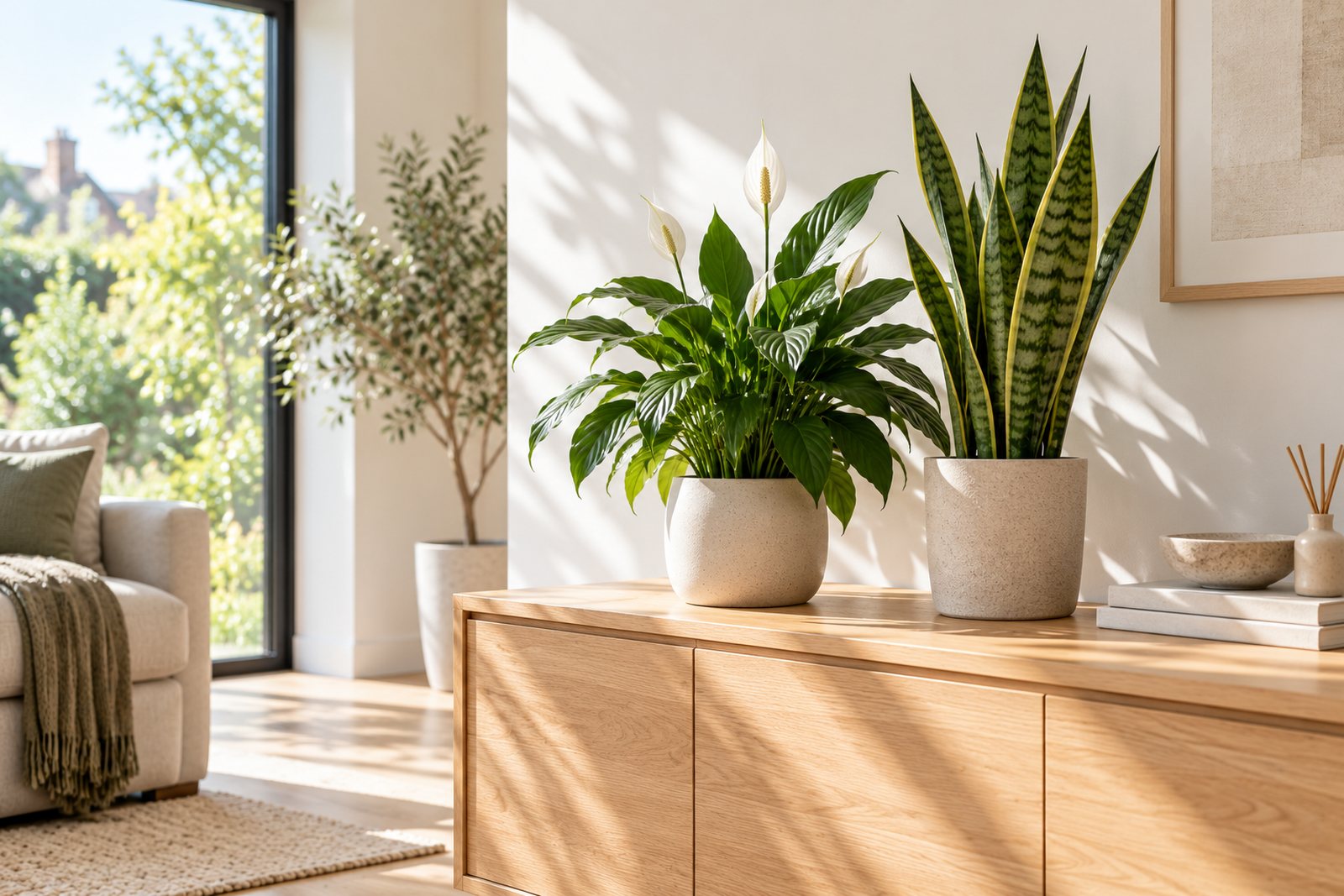 A peace lily and a snake plant on a sunny sideboard