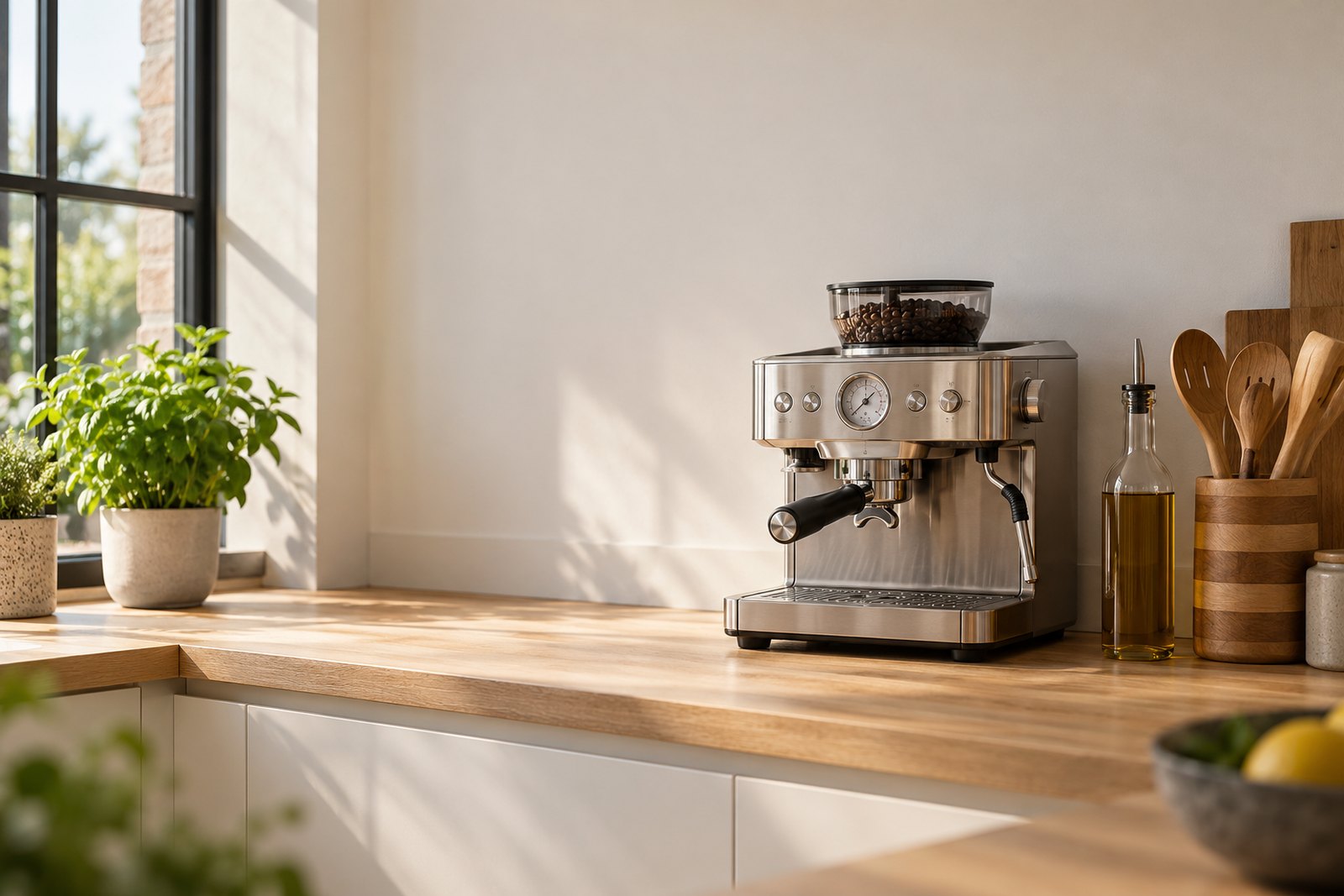 A brushed steel espresso machine, glass oil bottle and wooden utensil holder on a pale oak worktop in a sunlit modern British kitchen