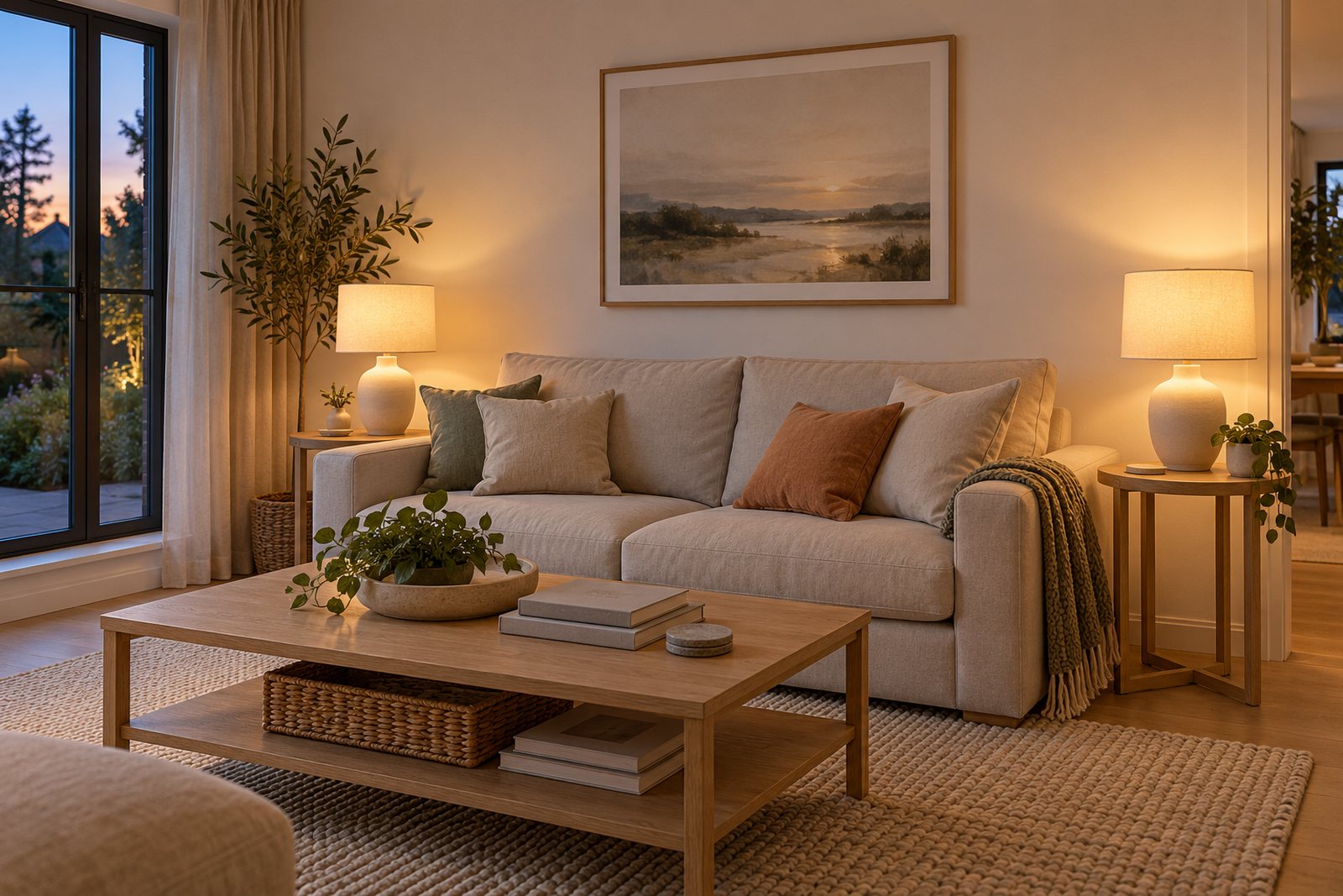 A pair of table lamps glowing in a living room in the evening