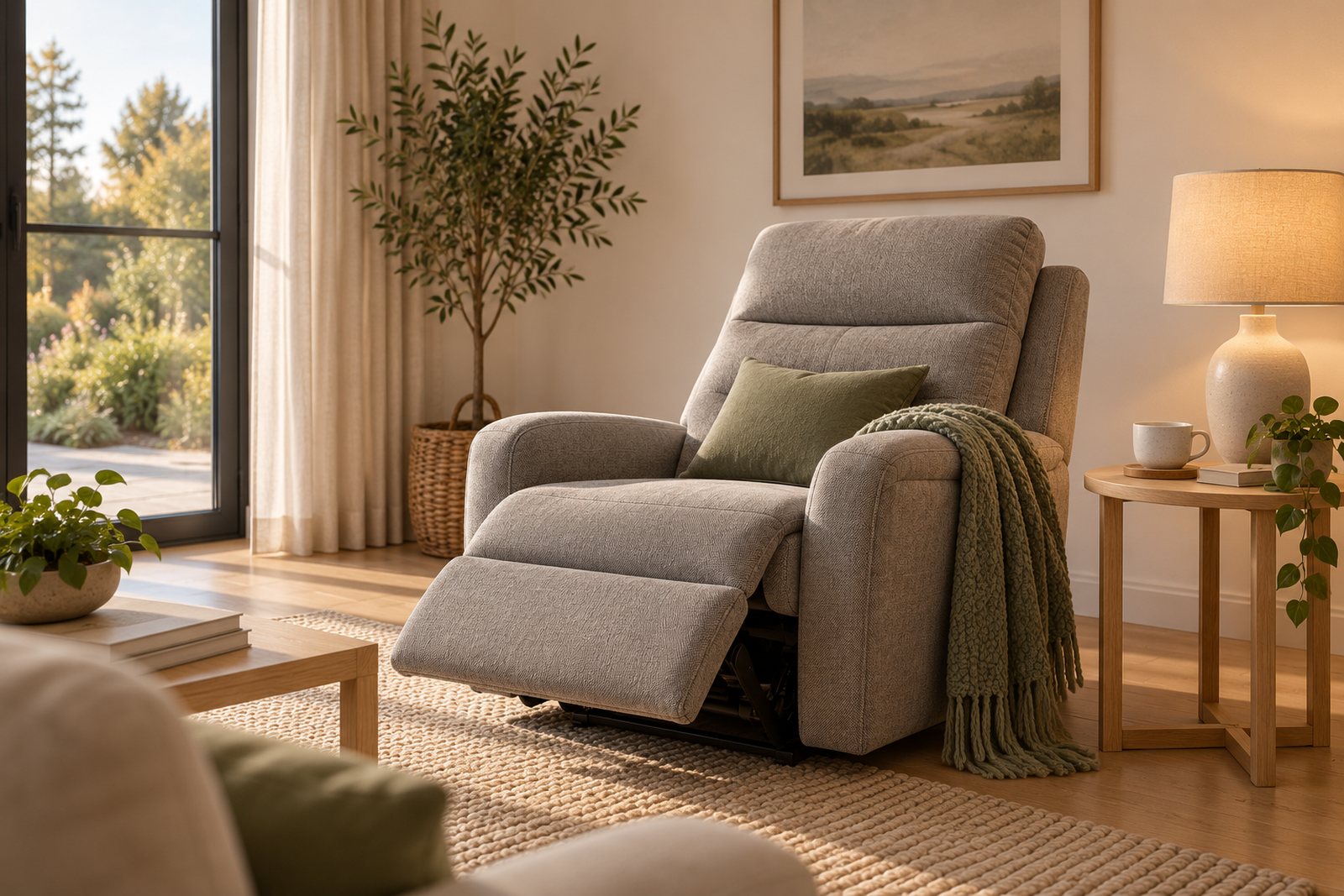 A grey massage recliner chair in a calm lounge corner