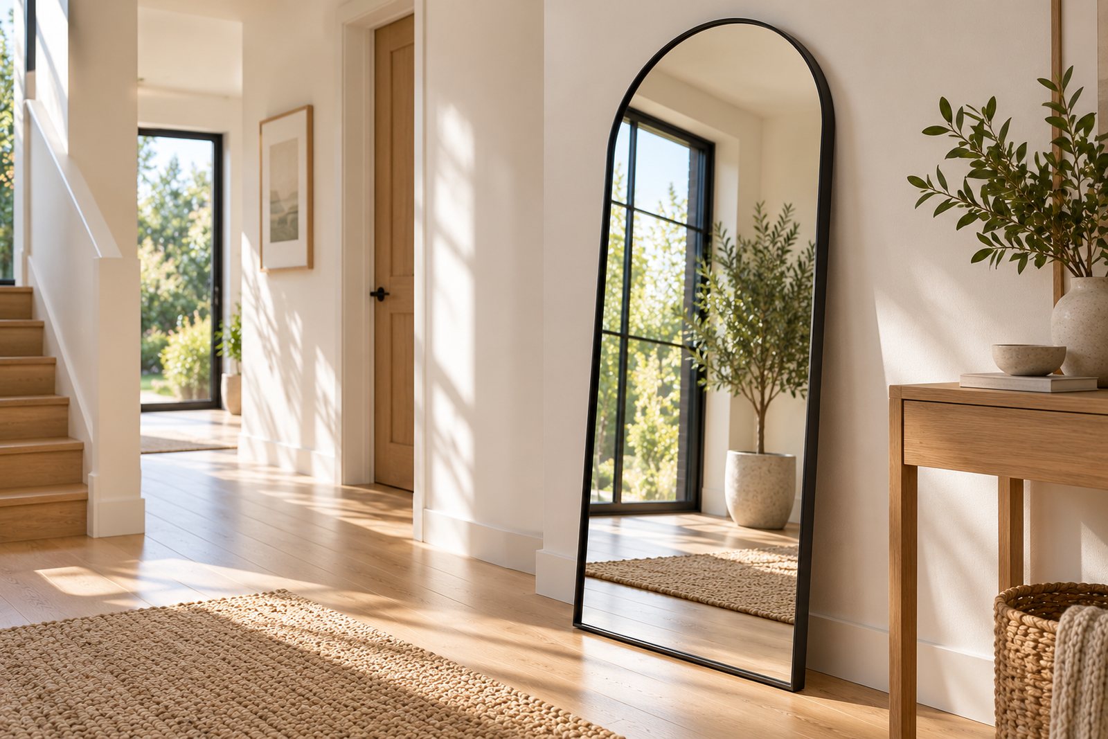 An arched floor mirror leaning in a bright hallway