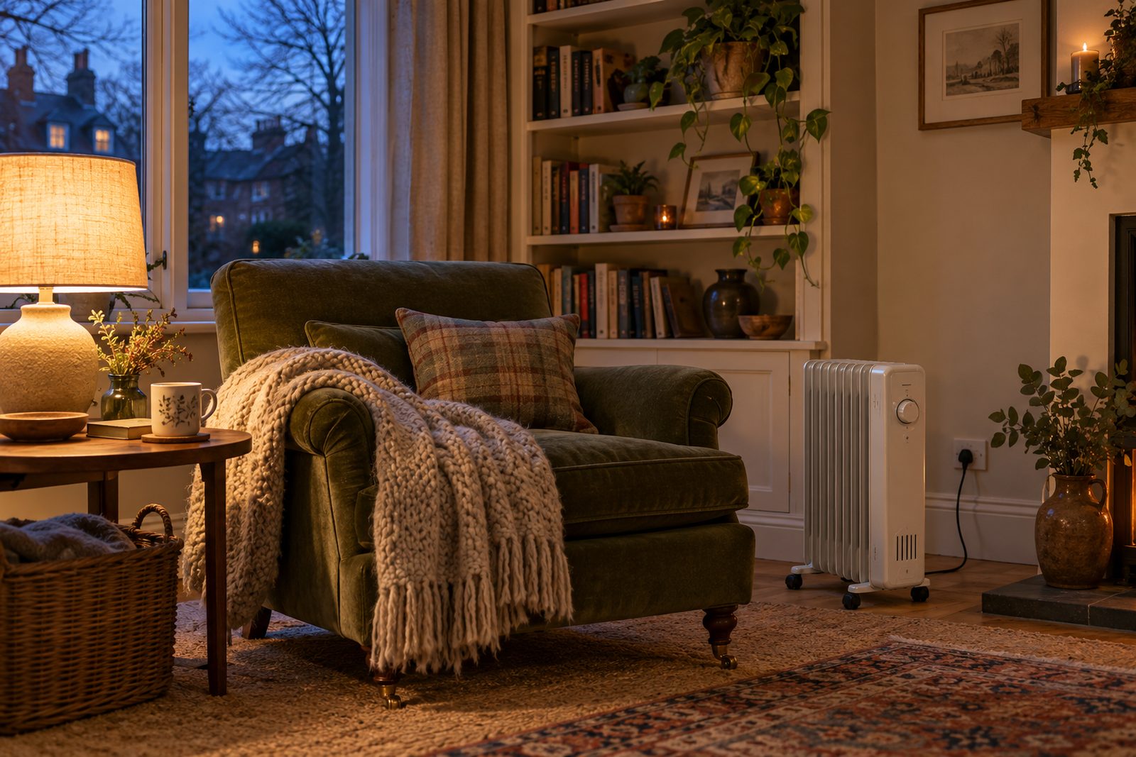 An oil filled radiator beside an armchair in a cosy living room at dusk
