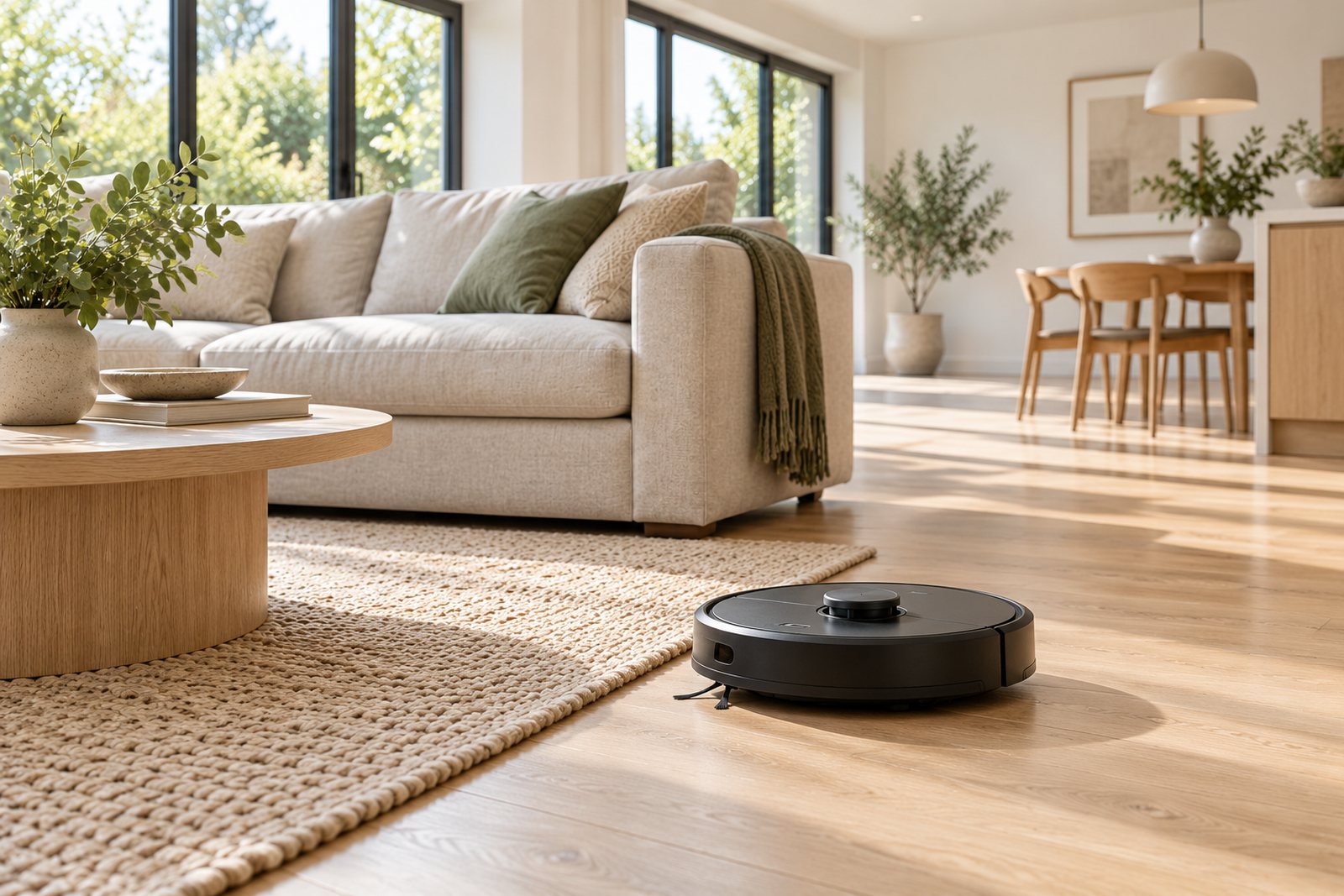 A robot vacuum on an oak floor in an open plan living room