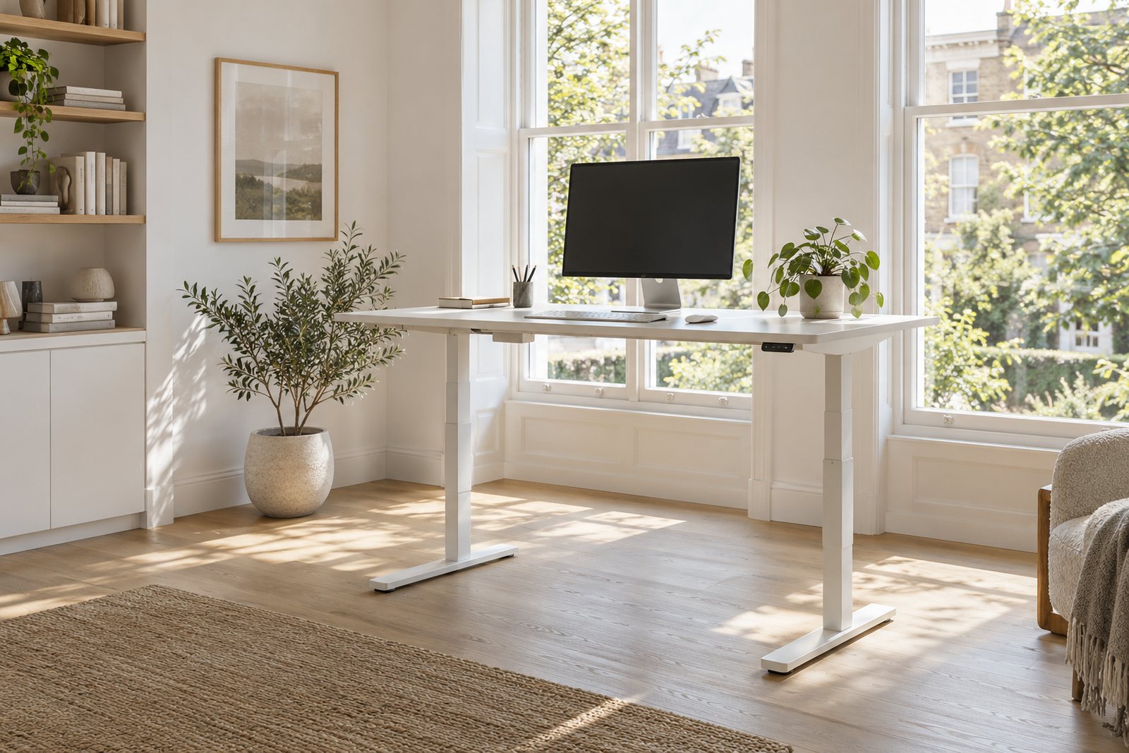 A white standing desk raised with a monitor in a home office