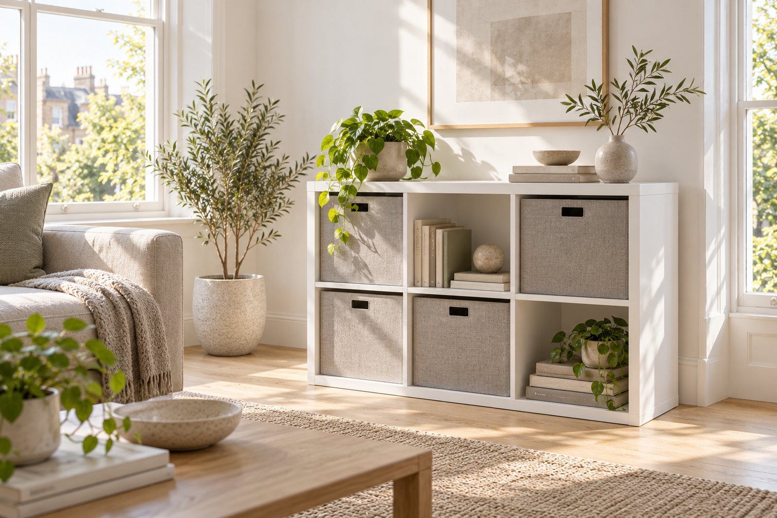 A six cube storage unit with fabric boxes in a tidy living room