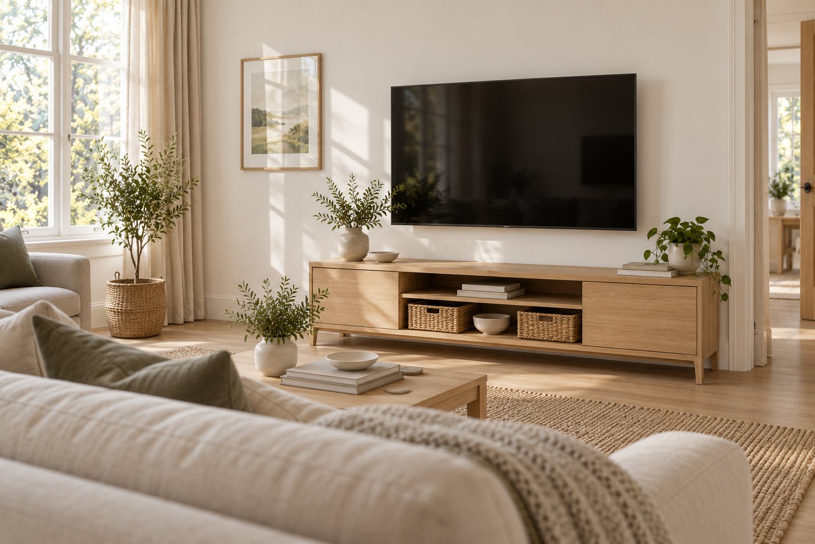 A low oak TV stand with storage baskets beneath a wall mounted TV in a living room