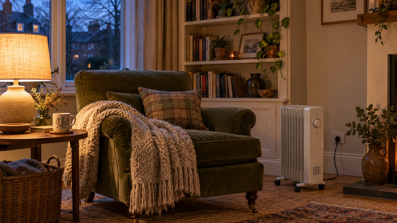 A cosy lounge at dusk with an oil filled radiator, a wool throw and a glowing lamp